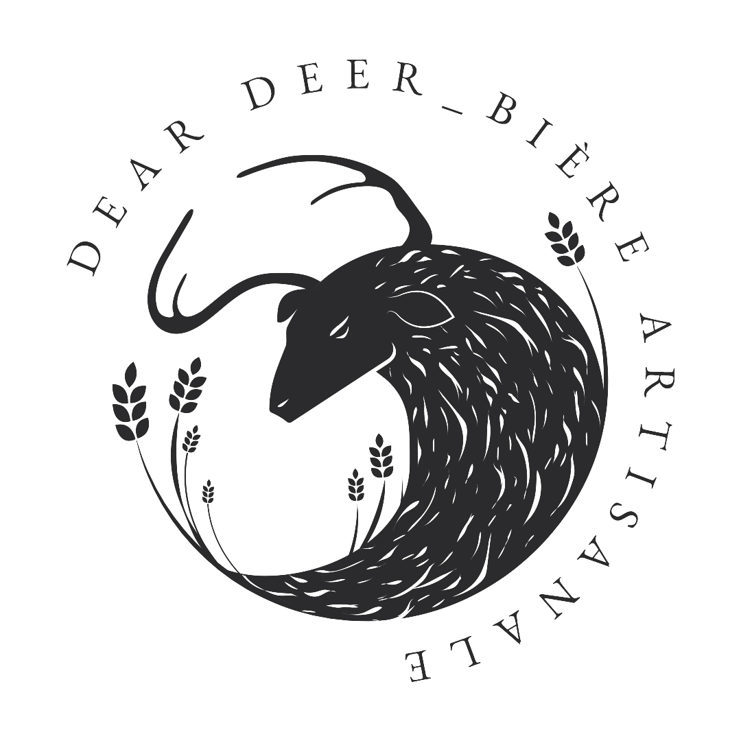 Logo de la brasserie Dear Deer, Logo représentant un cerf fait à partir de houblon en aplat de blanc sur fond noir.