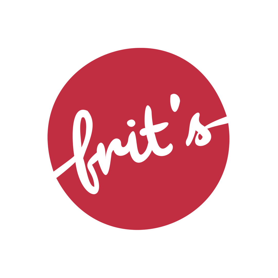 Logo de la marque Frit's : le logo est formé d'un disque rouge framboise sur lequel le nom « Frit's » est écrit à la main en blanc, avec toutes les lettres liées les unes aux autres.
