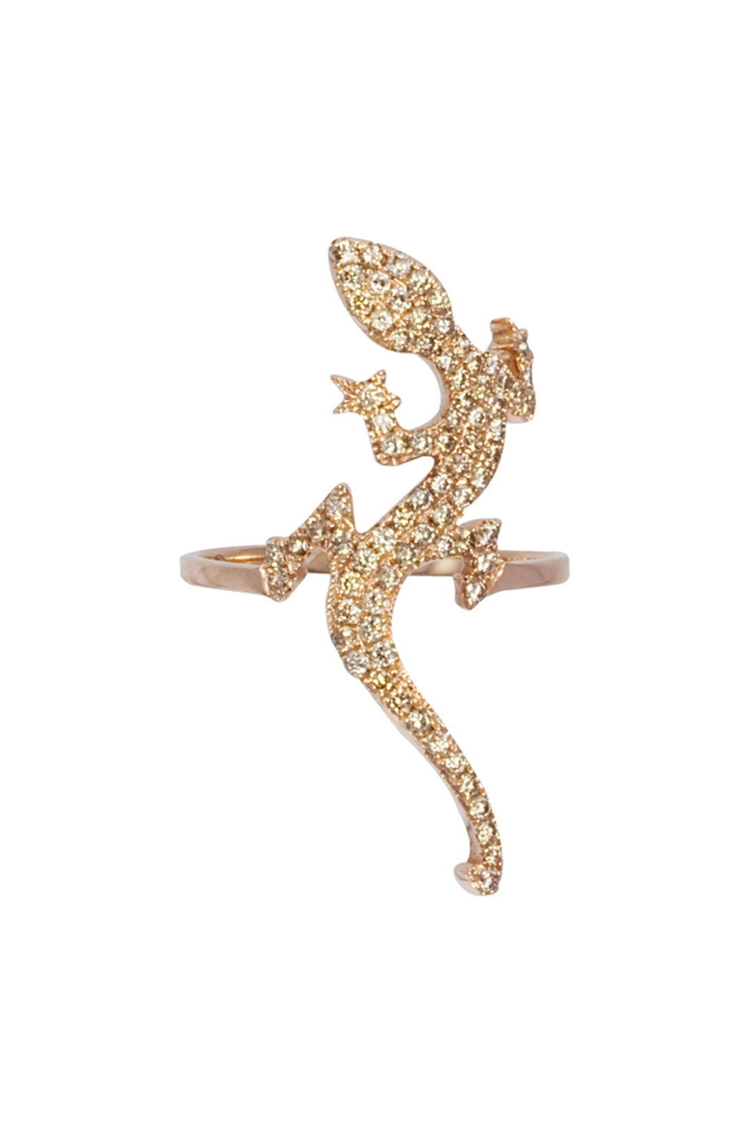 Photographie packshot sur fond blanc de la bague Brightness en or rose et diamants : elle est composée d'un anneau fin surmonté d'une salamandre incrustée de diamants.