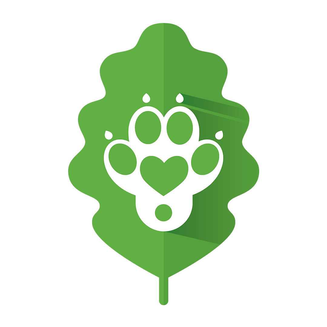 Logo d'Illumin'et Sens. Il représente une feuille de chêne vert clair, sur laquelle est dessinée une patte blanche. Le coussinet central de la patte forme un cœur.