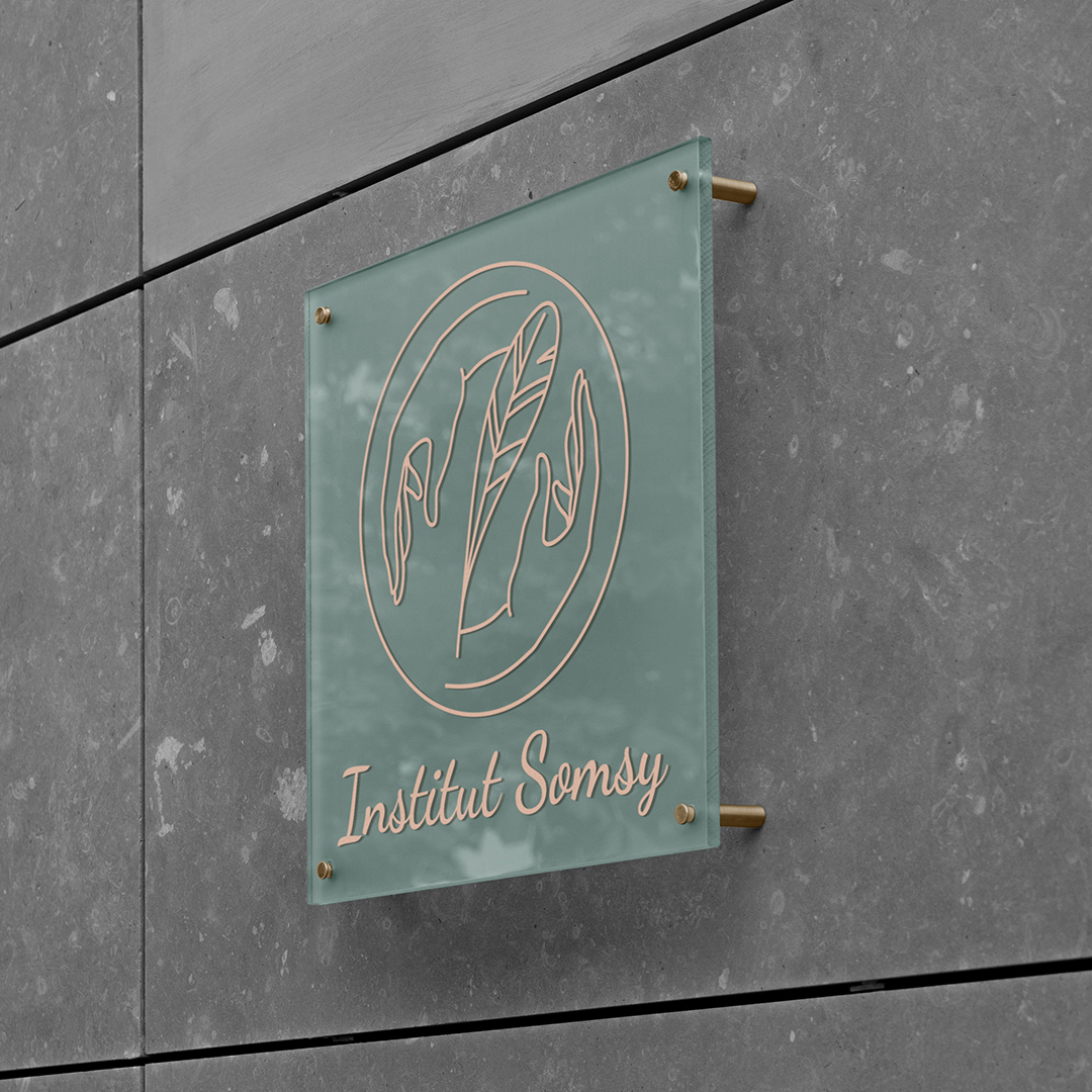 Logo de l'Institut Somsy, intégré sur une une plaque de plexiglas scellée sur une façade. Sur cette version, les lignes du logo sont en rose cashmere sur fond transparent.