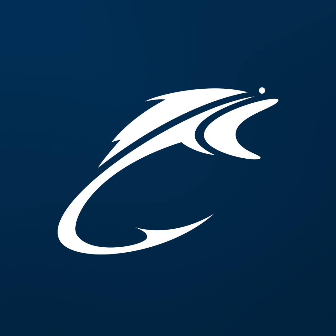 Logo de la marque Lappât, un poisson se transformant en hameçon. Logo blanc sur fond bleu marine.