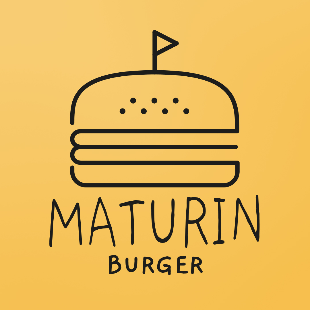 Logo du restaurant Maturin Burger, logo en ligne claire représentant un hamburger avec un drapeau sur le dessus, et écrit Maturin Burger juste en dessous.
