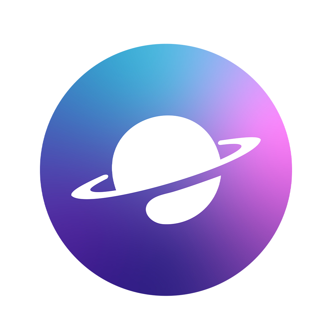 Logo de O Donut. Il est constitué d'un rond avec un dégradé circulaire allant du violet au rose vif en passant par le bleu ciel. Au centre, on voit une planète avec un anneau, toute blanche. Avec un peu de recul, on peut aussi y voir un donut violet, bleu et rose, dont la planète blanche constitue le trou du milieu.